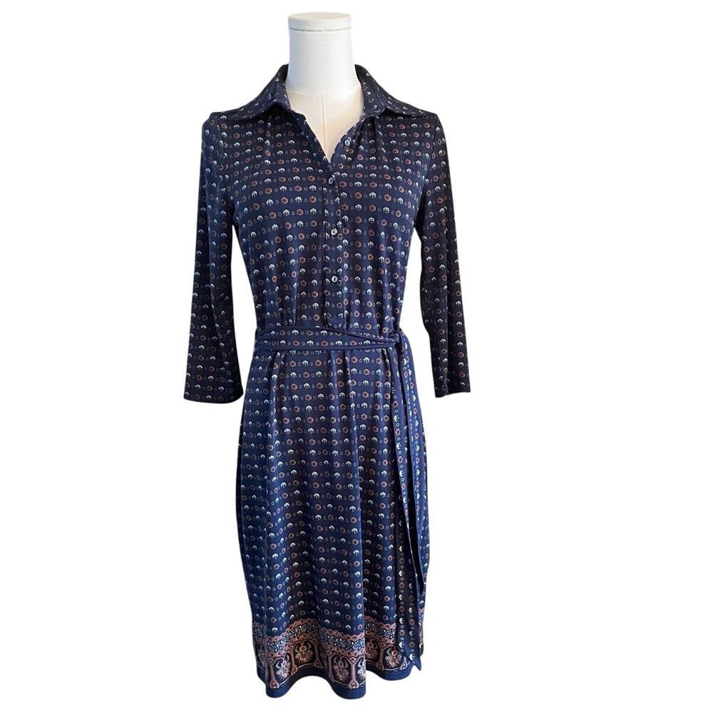 Max Studio‎ Navy Blue Geometric Print 3/4 Sleeve Henley Midi Dress – Size XS